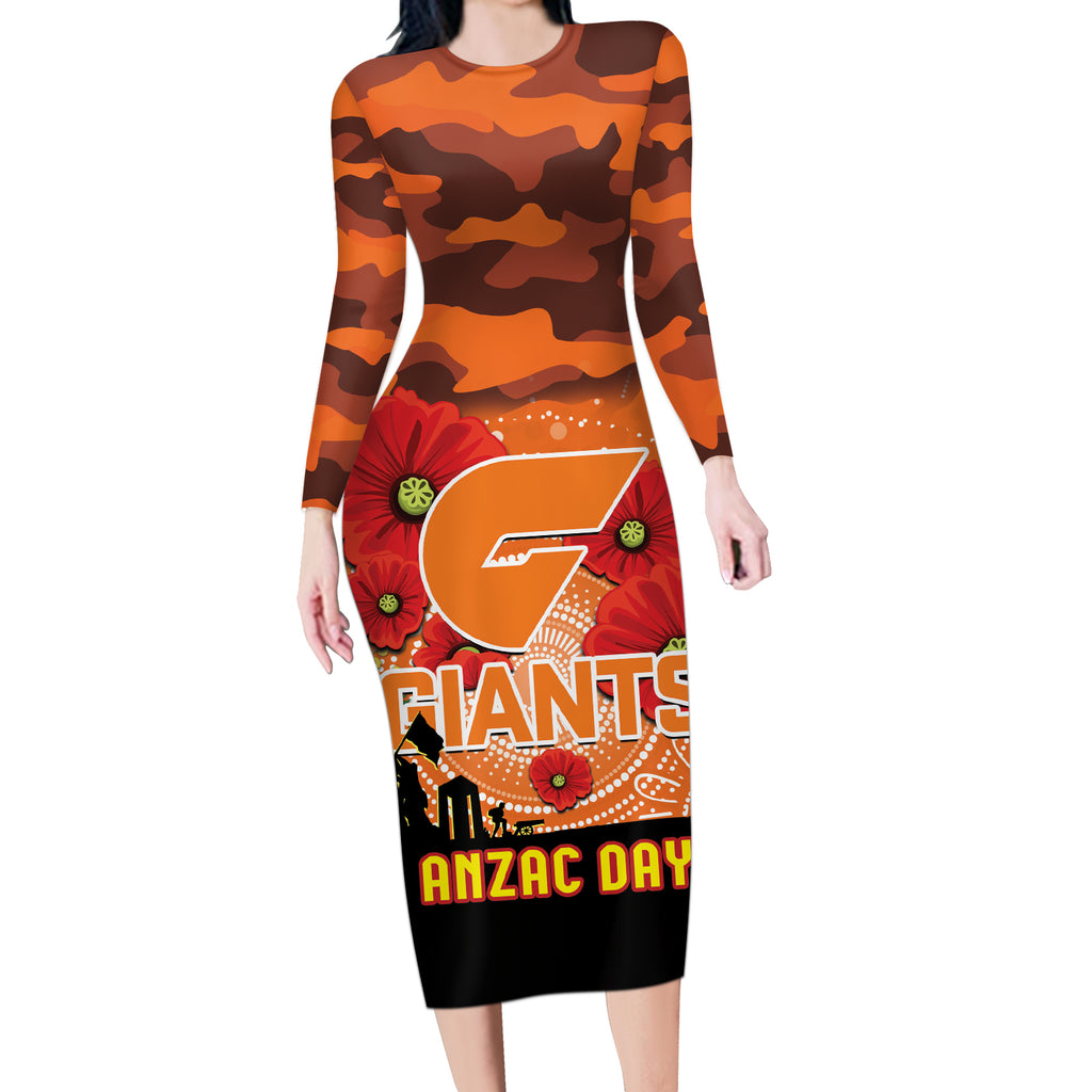 Custom Giants Football ANZAC Long Sleeve Bodycon Dress Gallipoli Camouflage With Poppies