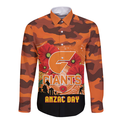 Custom Giants Football ANZAC Long Sleeve Button Shirt Gallipoli Camouflage With Poppies
