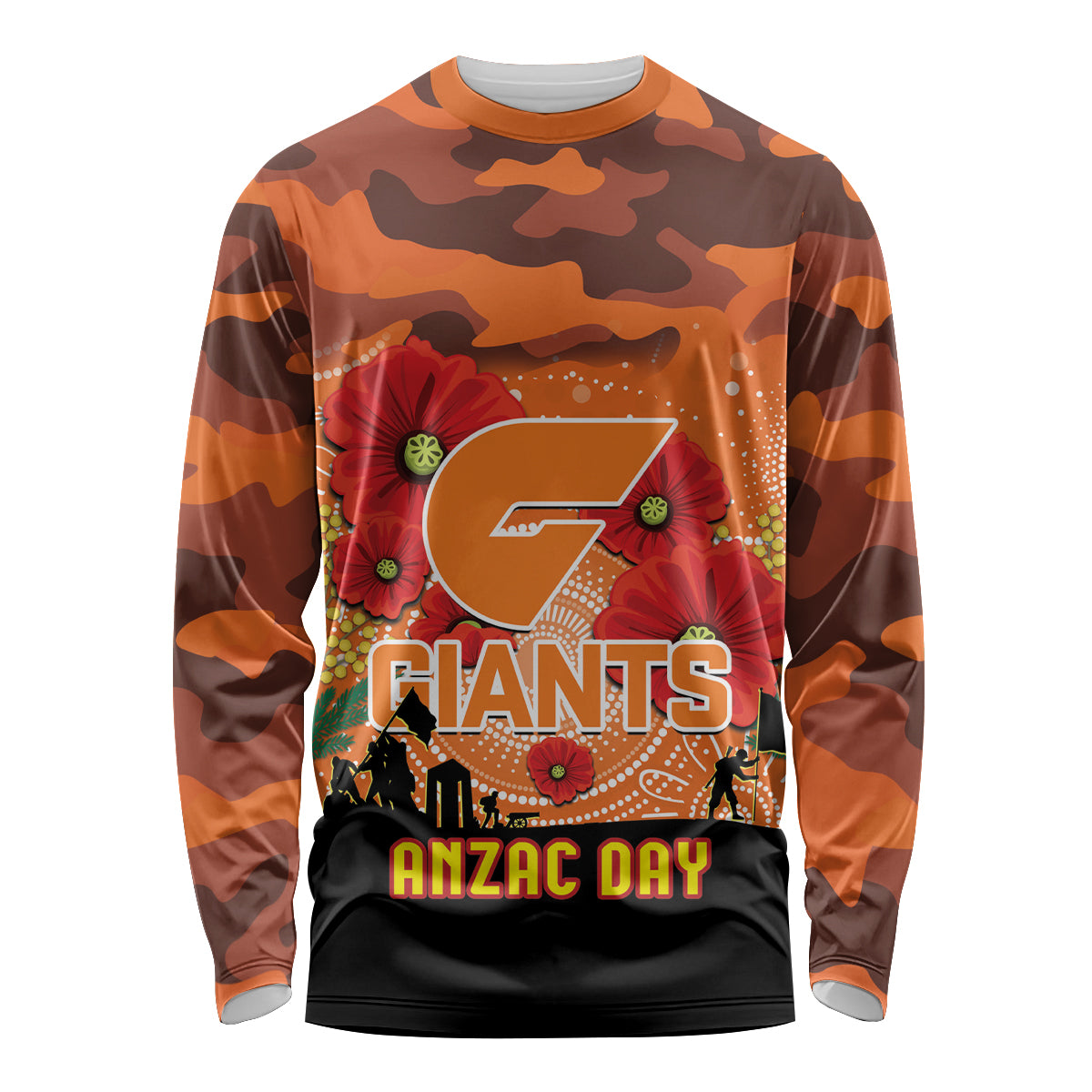 Custom Giants Football ANZAC Long Sleeve Shirt Gallipoli Camouflage With Poppies