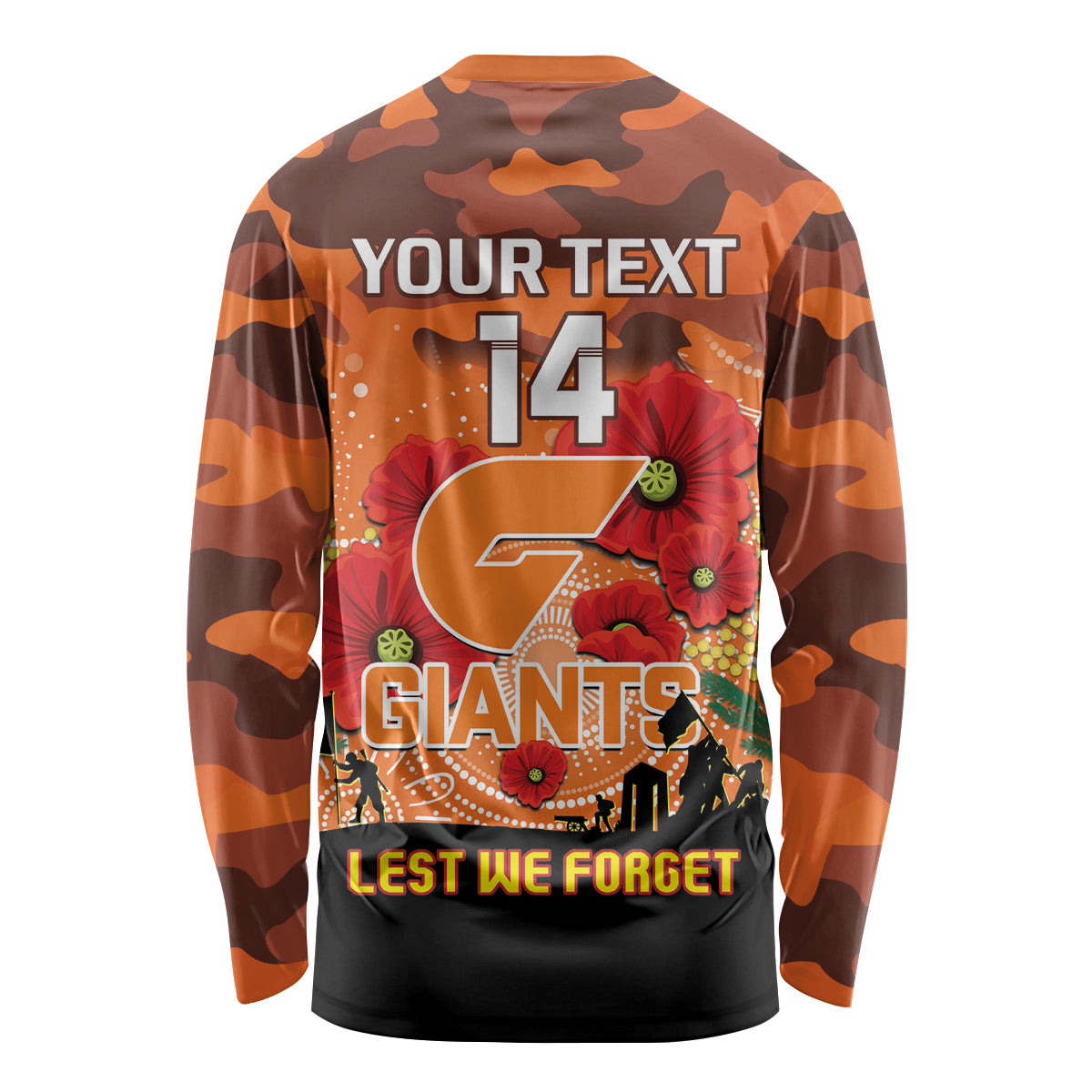 Custom Giants Football ANZAC Long Sleeve Shirt Gallipoli Camouflage With Poppies