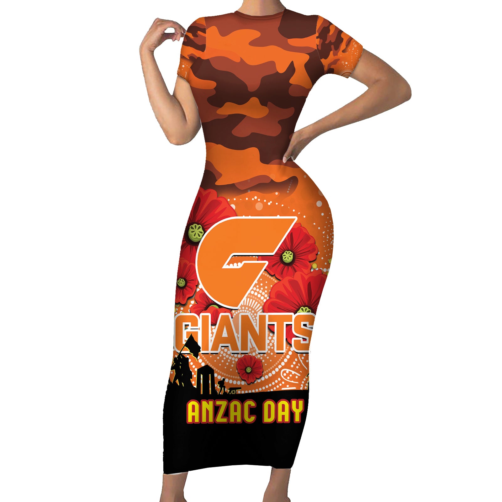 Custom Giants Football ANZAC Short Sleeve Bodycon Dress Gallipoli Camouflage With Poppies