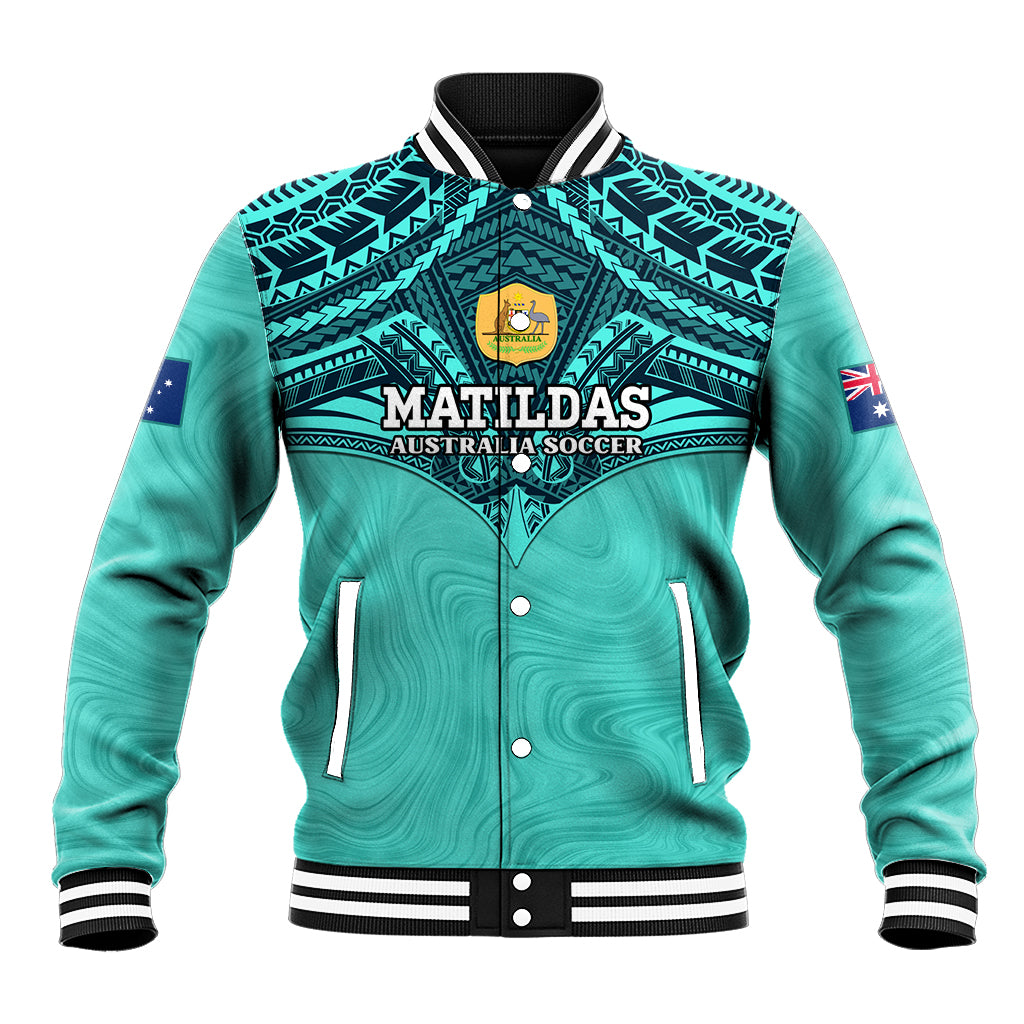 Custom Australia Matildas Baseball Jacket Polynesian Mix Turquoise Marble
