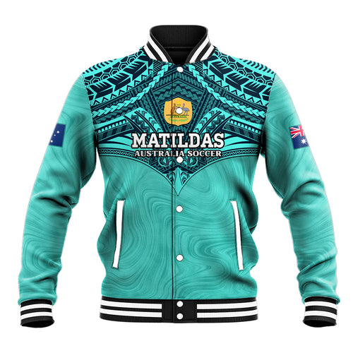 Custom Australia Matildas Baseball Jacket Polynesian Mix Turquoise Marble