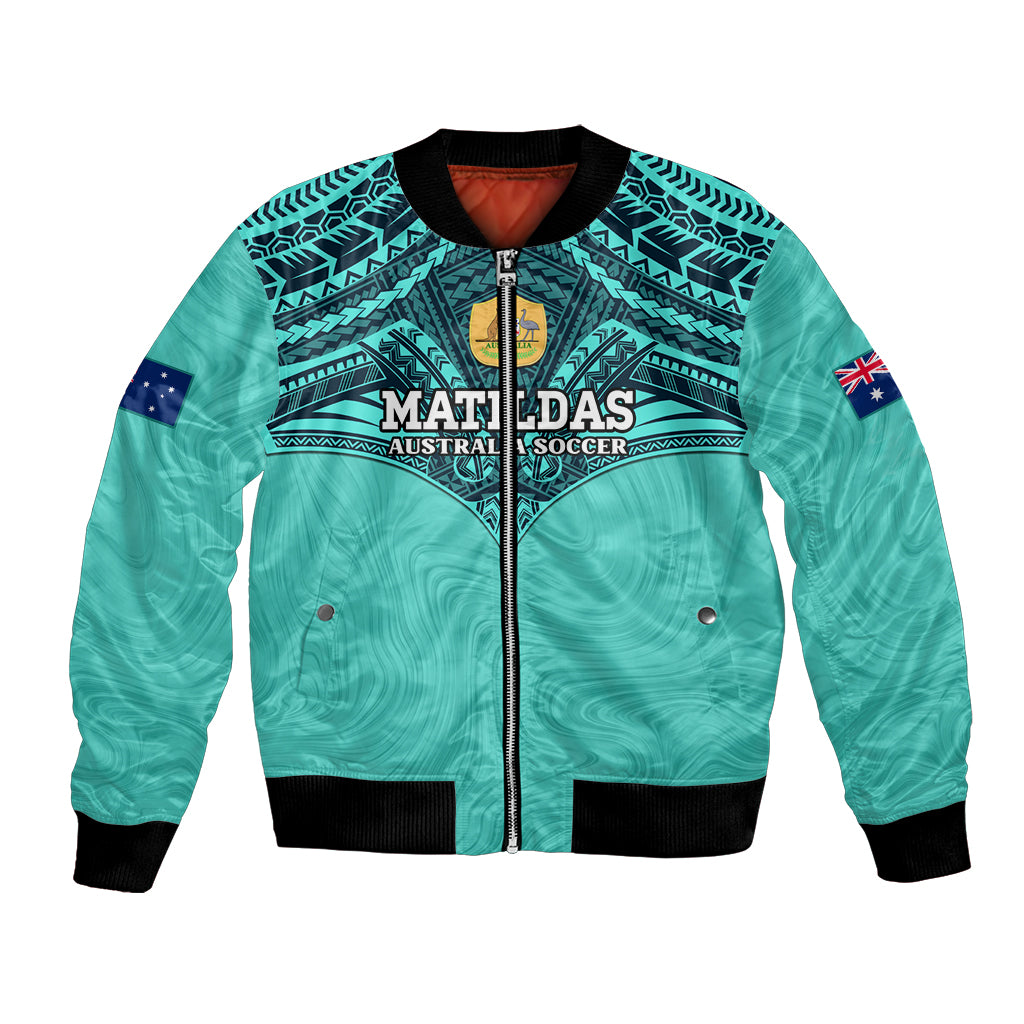 Custom Australia Matildas Bomber Jacket Polynesian Mix Turquoise Marble