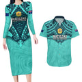 Custom Australia Matildas Couples Matching Long Sleeve Bodycon Dress and Hawaiian Shirt Polynesian Mix Turquoise Marble