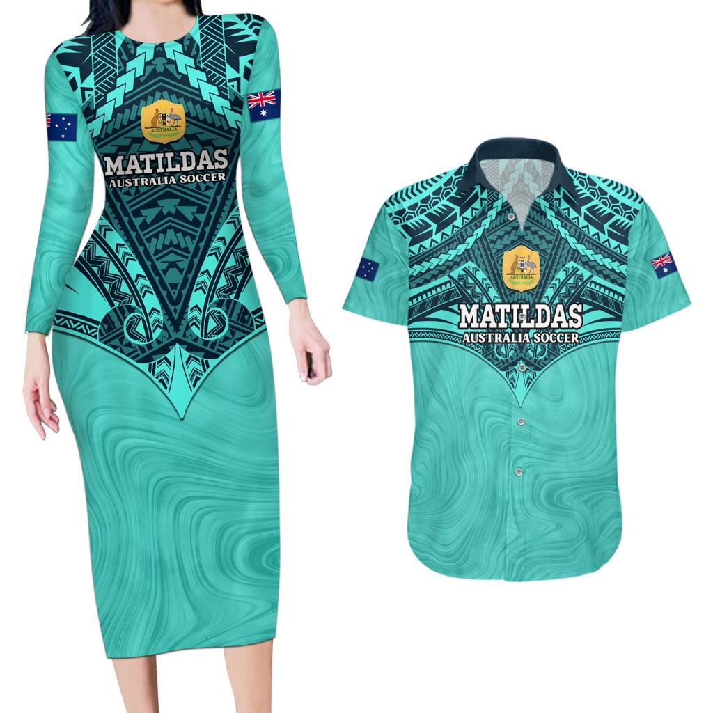 Custom Australia Matildas Couples Matching Long Sleeve Bodycon Dress and Hawaiian Shirt Polynesian Mix Turquoise Marble