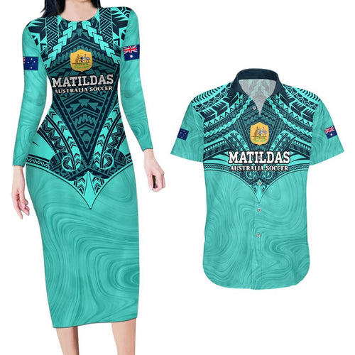 Custom Australia Matildas Couples Matching Long Sleeve Bodycon Dress and Hawaiian Shirt Polynesian Mix Turquoise Marble