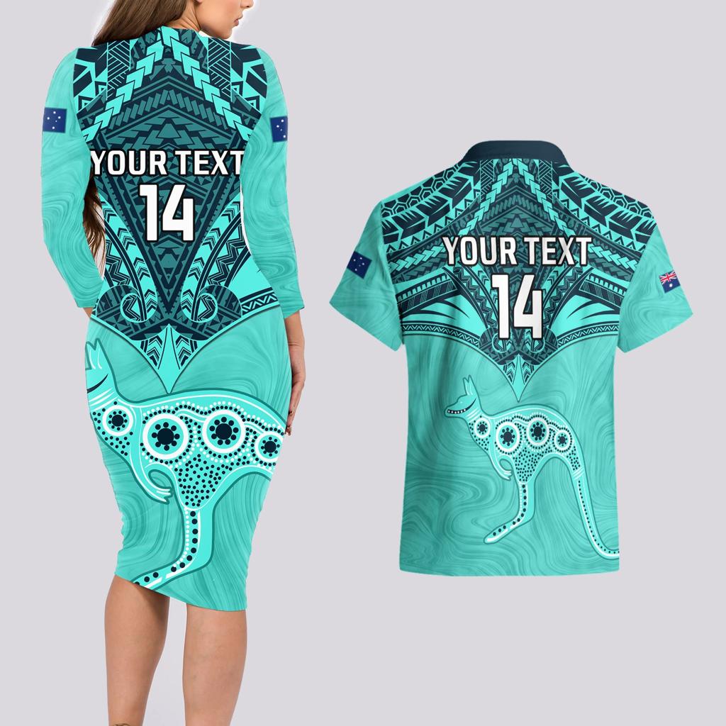 Custom Australia Matildas Couples Matching Long Sleeve Bodycon Dress and Hawaiian Shirt Polynesian Mix Turquoise Marble