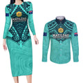 Custom Australia Matildas Couples Matching Long Sleeve Bodycon Dress and Long Sleeve Button Shirt Polynesian Mix Turquoise Marble