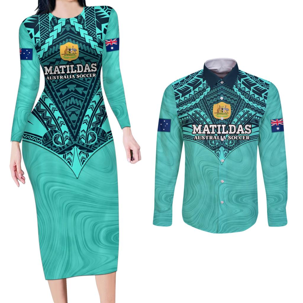 Custom Australia Matildas Couples Matching Long Sleeve Bodycon Dress and Long Sleeve Button Shirt Polynesian Mix Turquoise Marble