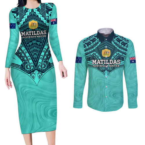 Custom Australia Matildas Couples Matching Long Sleeve Bodycon Dress and Long Sleeve Button Shirt Polynesian Mix Turquoise Marble