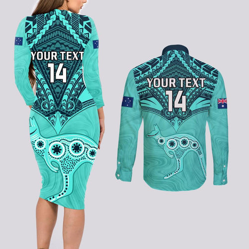 Custom Australia Matildas Couples Matching Long Sleeve Bodycon Dress and Long Sleeve Button Shirt Polynesian Mix Turquoise Marble