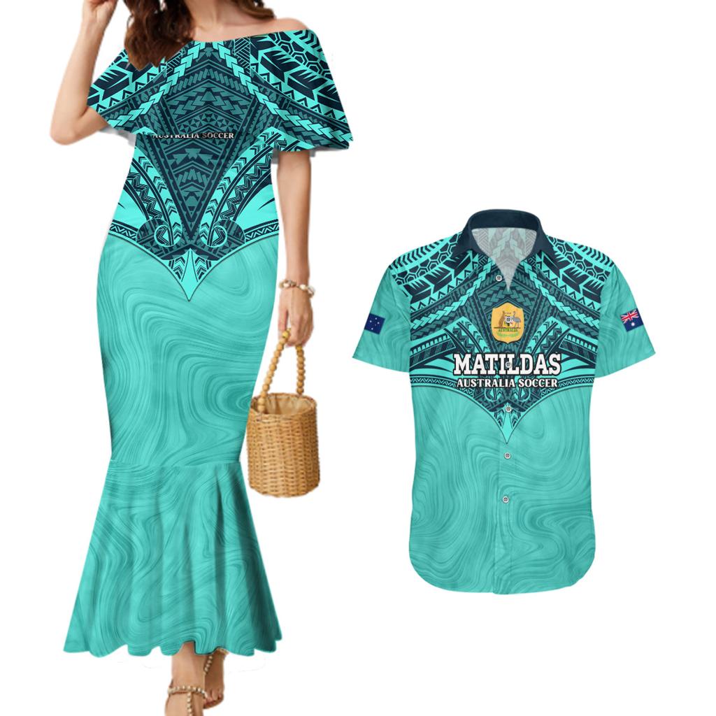 Custom Australia Matildas Couples Matching Mermaid Dress and Hawaiian Shirt Polynesian Mix Turquoise Marble