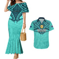 Custom Australia Matildas Couples Matching Mermaid Dress and Hawaiian Shirt Polynesian Mix Turquoise Marble