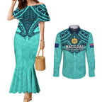 Custom Australia Matildas Couples Matching Mermaid Dress and Long Sleeve Button Shirt Polynesian Mix Turquoise Marble