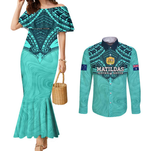 Custom Australia Matildas Couples Matching Mermaid Dress and Long Sleeve Button Shirt Polynesian Mix Turquoise Marble