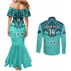 Custom Australia Matildas Couples Matching Mermaid Dress and Long Sleeve Button Shirt Polynesian Mix Turquoise Marble