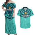 Custom Australia Matildas Couples Matching Off Shoulder Maxi Dress and Hawaiian Shirt Polynesian Mix Turquoise Marble