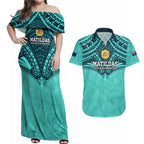 Custom Australia Matildas Couples Matching Off Shoulder Maxi Dress and Hawaiian Shirt Polynesian Mix Turquoise Marble