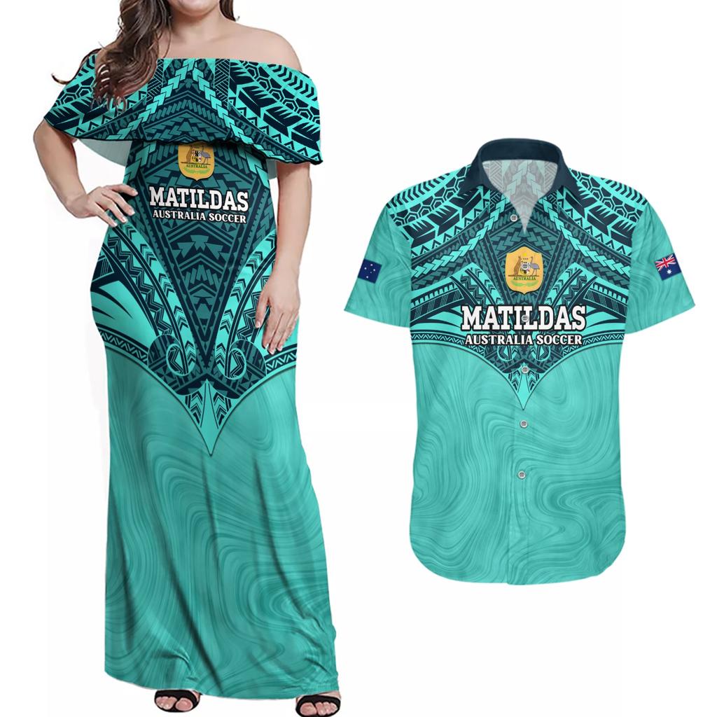 Custom Australia Matildas Couples Matching Off Shoulder Maxi Dress and Hawaiian Shirt Polynesian Mix Turquoise Marble