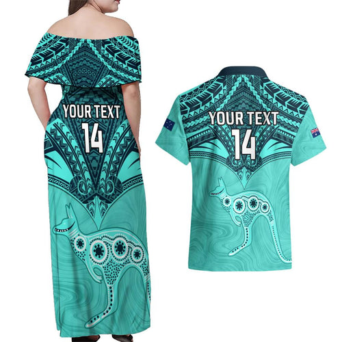 Custom Australia Matildas Couples Matching Off Shoulder Maxi Dress and Hawaiian Shirt Polynesian Mix Turquoise Marble