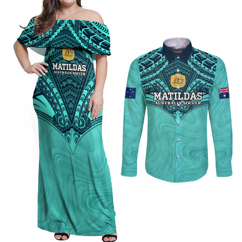 Custom Australia Matildas Couples Matching Off Shoulder Maxi Dress and Long Sleeve Button Shirt Polynesian Mix Turquoise Marble