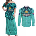 Custom Australia Matildas Couples Matching Off Shoulder Maxi Dress and Long Sleeve Button Shirt Polynesian Mix Turquoise Marble