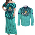Custom Australia Matildas Couples Matching Off Shoulder Maxi Dress and Long Sleeve Button Shirt Polynesian Mix Turquoise Marble
