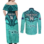 Custom Australia Matildas Couples Matching Off Shoulder Maxi Dress and Long Sleeve Button Shirt Polynesian Mix Turquoise Marble