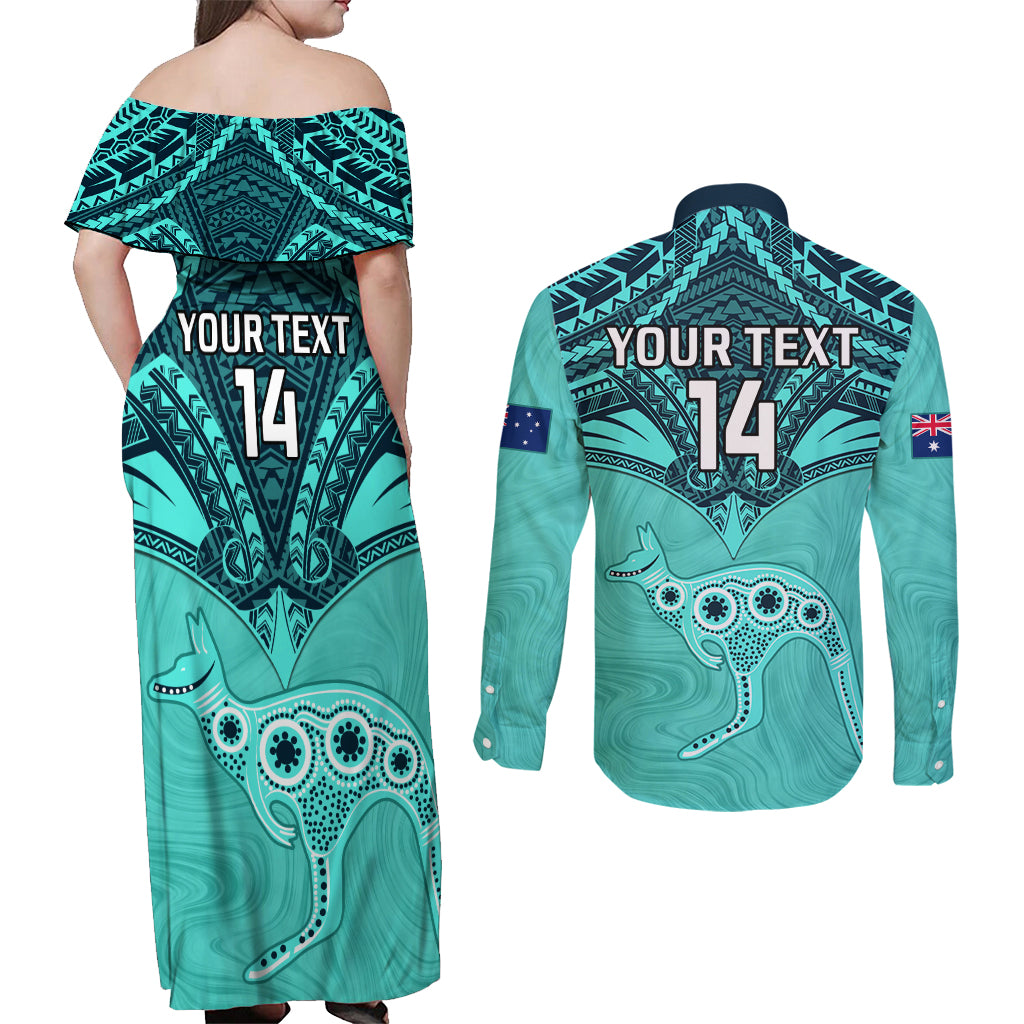 Custom Australia Matildas Couples Matching Off Shoulder Maxi Dress and Long Sleeve Button Shirt Polynesian Mix Turquoise Marble