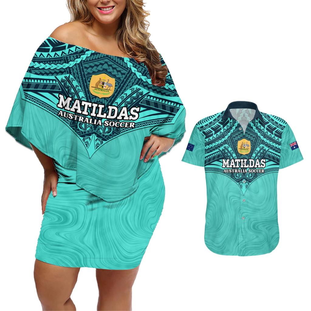 Custom Australia Matildas Couples Matching Off Shoulder Short Dress and Hawaiian Shirt Polynesian Mix Turquoise Marble