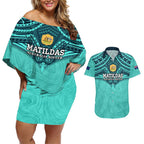 Custom Australia Matildas Couples Matching Off Shoulder Short Dress and Hawaiian Shirt Polynesian Mix Turquoise Marble