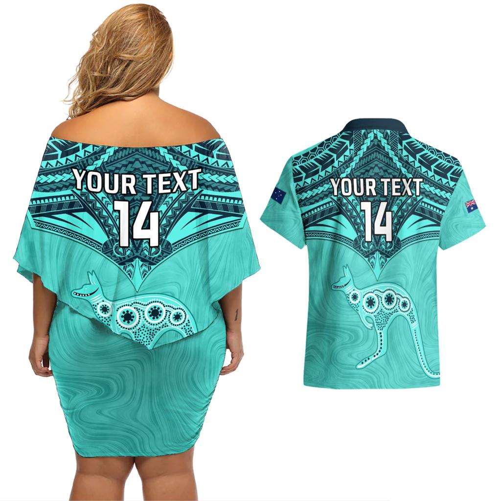 Custom Australia Matildas Couples Matching Off Shoulder Short Dress and Hawaiian Shirt Polynesian Mix Turquoise Marble