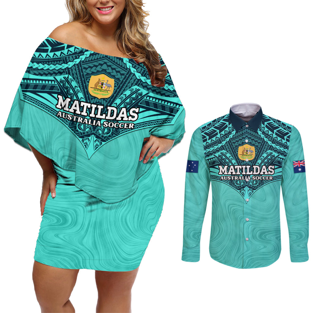 Custom Australia Matildas Couples Matching Off Shoulder Short Dress and Long Sleeve Button Shirt Polynesian Mix Turquoise Marble