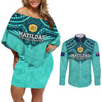 Custom Australia Matildas Couples Matching Off Shoulder Short Dress and Long Sleeve Button Shirt Polynesian Mix Turquoise Marble