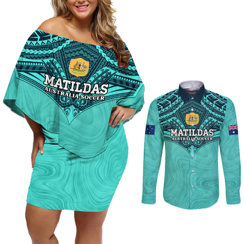 Custom Australia Matildas Couples Matching Off Shoulder Short Dress and Long Sleeve Button Shirt Polynesian Mix Turquoise Marble