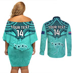 Custom Australia Matildas Couples Matching Off Shoulder Short Dress and Long Sleeve Button Shirt Polynesian Mix Turquoise Marble