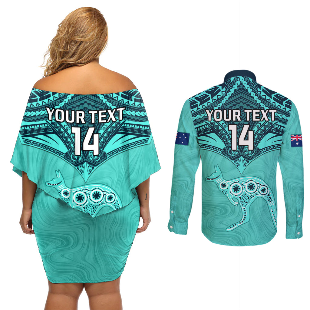 Custom Australia Matildas Couples Matching Off Shoulder Short Dress and Long Sleeve Button Shirt Polynesian Mix Turquoise Marble