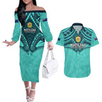 Custom Australia Matildas Couples Matching Off The Shoulder Long Sleeve Dress and Hawaiian Shirt Polynesian Mix Turquoise Marble