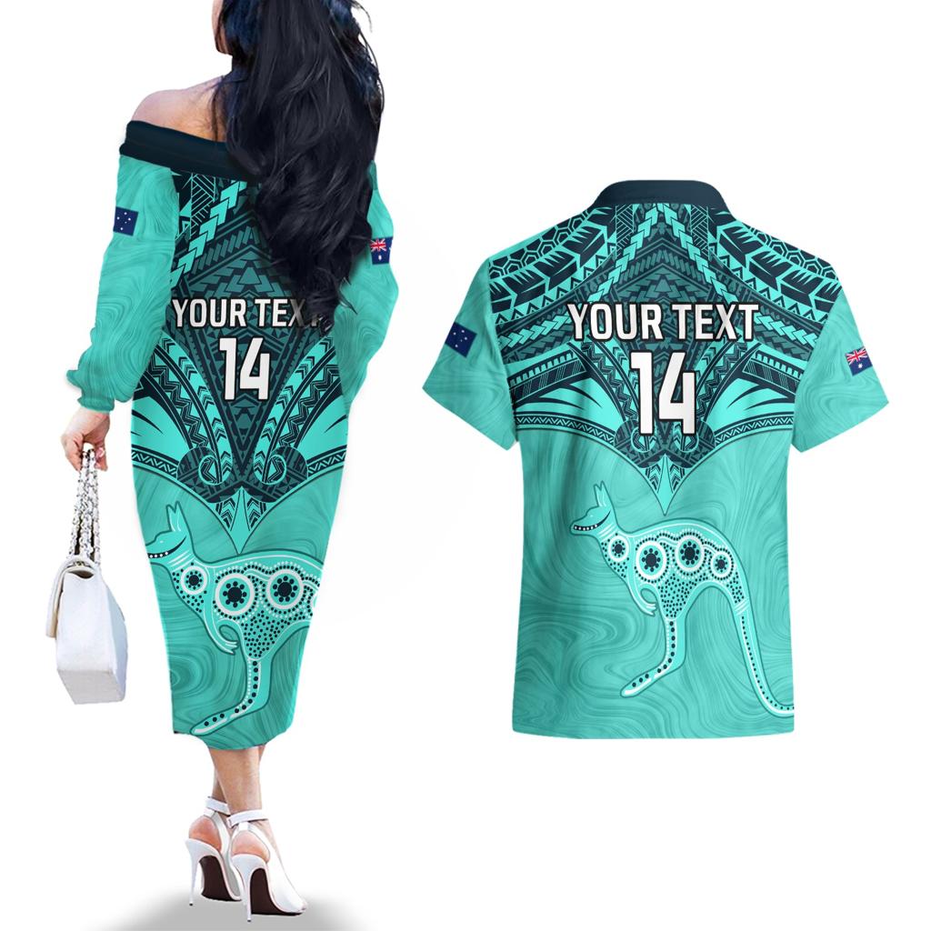 Custom Australia Matildas Couples Matching Off The Shoulder Long Sleeve Dress and Hawaiian Shirt Polynesian Mix Turquoise Marble