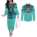 Custom Australia Matildas Couples Matching Off The Shoulder Long Sleeve Dress and Long Sleeve Button Shirt Polynesian Mix Turquoise Marble