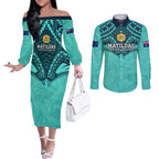Custom Australia Matildas Couples Matching Off The Shoulder Long Sleeve Dress and Long Sleeve Button Shirt Polynesian Mix Turquoise Marble