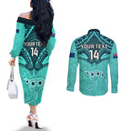 Custom Australia Matildas Couples Matching Off The Shoulder Long Sleeve Dress and Long Sleeve Button Shirt Polynesian Mix Turquoise Marble