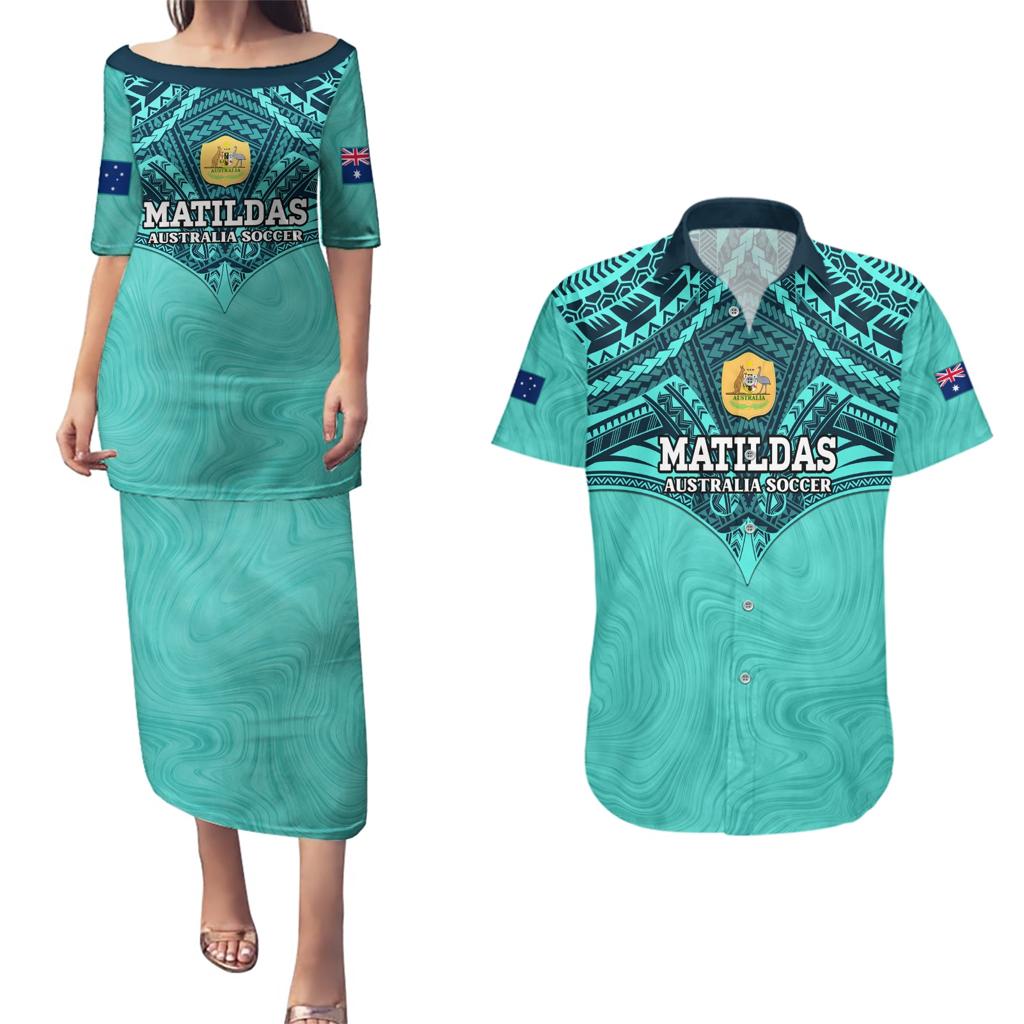 Custom Australia Matildas Couples Matching Puletasi and Hawaiian Shirt Polynesian Mix Turquoise Marble