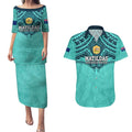 Custom Australia Matildas Couples Matching Puletasi and Hawaiian Shirt Polynesian Mix Turquoise Marble