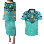 Custom Australia Matildas Couples Matching Puletasi and Hawaiian Shirt Polynesian Mix Turquoise Marble