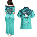 Custom Australia Matildas Couples Matching Puletasi and Hawaiian Shirt Polynesian Mix Turquoise Marble