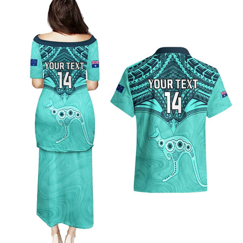 Custom Australia Matildas Couples Matching Puletasi and Hawaiian Shirt Polynesian Mix Turquoise Marble