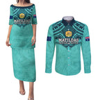Custom Australia Matildas Couples Matching Puletasi and Long Sleeve Button Shirt Polynesian Mix Turquoise Marble
