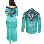 Custom Australia Matildas Couples Matching Puletasi and Long Sleeve Button Shirt Polynesian Mix Turquoise Marble